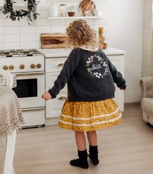 Personalized hand embroidery name sweater with buttons for baby, girl. Custom knit soft cardigan with flowers for child