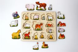 Wooden Puzzle - animals and cubs young, Toddler Toys Age 2 3 4 5 year, Wood Montessori animal Stack Board game