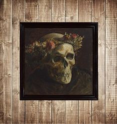 Skull Wearing a Wreath of Flowers. Memento mori art print. Poster with human skull. 817.