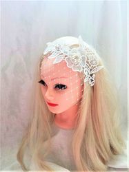 Lace headband with veil, Wedding Hair Accessories, Bridal Veil Headband with Rhinestone, Bridal headpiece with veil