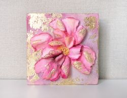 Girl room shelf decor Gold pink peony flower Sculpture painting Shabby chic floral wall art  Gift for Mom, Oma, sister