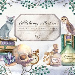 Watercolor vintage Halloween clipart, Alchemy aesthetics collection