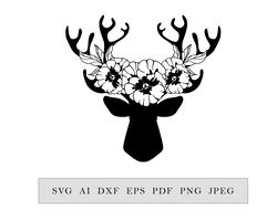 silhouette of a deer head with antlers and flowers of violet