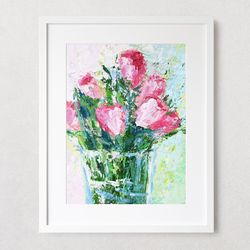 Pink Tulips Painting Floral Art Original Oil Painting Pink Flowers Original Wall Art Small Painting by Lelya Chara