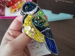 Blue titmouse brooch, chickadee bird ornaments glass beaded brooch, blue bird, bird pin