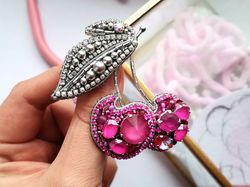 Pink cherry jewelry  brooch beaded, fruit jewelry, cherry pin
