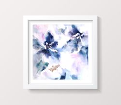 Blue wall art Abstract flowers Watercolor original painting Bedroom wall art  Expressionist art for living room decor