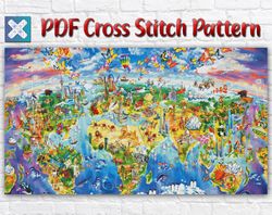 World Map Cross Stitch Pattern / Ocean Map Counted Cross Stitch Pattern / Continents Counted PDF Cross Stitch Pattern