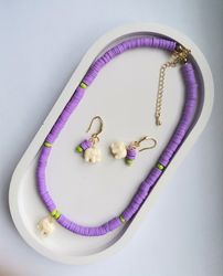 Violet necklace with elephant pendant,earrings with elephant, jewelry set