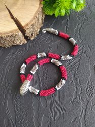 Red snake necklace, Snake choker, Ouroboros necklace, Totem necklace, Snake beadwork choker,  bead serpent necklace