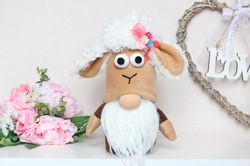 Easter Gnome Plush Lamb / Farmhouse animal nursery decor / Easter gift for Grandma
