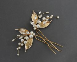 Gold bridal hair pins set / Gold leaves wedding hair piece / Boho headpiece pearl / Silver or Gold /Side hair pieces