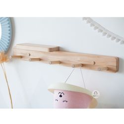 Wall coat rack with shelf, wooden peg rail for nursery, hook rail nursery