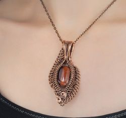 Wire wrapped copper pendant with a bulls eye Women's gemstone pendant 7th Anniversary gift for her Wire Wrap Art jewelry
