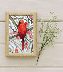 Red Cardinal bird 8x11 inch original painting art by Anne Gorywine