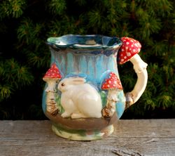 Large handmade mug Mushrooms and rabbit Mug Multicolored Art Mug Fly agaric figurine Wonderland Mug