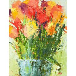 Tulips Painting Floral Art Original Oil Painting Colorfull Flowers Original Wall Art Small Painting by Lelya Chara