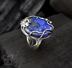 flower ring wire wrap ring lapis lazuli ring sterling silver ring statement ring