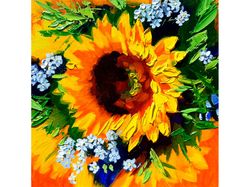 Sunflower Painting Flower Original Art Forget Me Not Artwork Floral Wall Art Impasto Oil Painting Small 8 by 8 inches