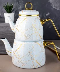 White Teapot Set / Turkish Tea Pot Set, Turkish Samovar Tea Maker, Tea Kettle for Loose Leaf Tea, Checkered Tea
