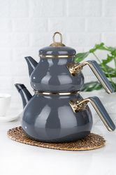 Gray Teapot Set / Turkish Tea Pot Set, Turkish Samovar Tea Maker, Tea Kettle for Loose Leaf Tea, Checkered Tea
