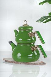 Green Teapot Set / Turkish Tea Pot Set, Turkish Samovar Tea Maker, Tea Kettle for Loose Leaf Tea, Checkered Tea