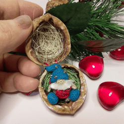 i love gnomes. tiny handmade gnome. gnome in a walnut shell. small crochet gnome. scandinavian gnome.