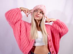 Pink Mohair Cardigan for women. Mohair pink sweater oversized. Pink Jacket