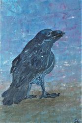 Bird Raven Oil Painting Original Art Young Raven Black Bird Wall Art Painting Handmade 12x8 inch