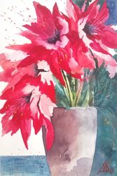 Floral Painting Amaryllis Original Artwork Red Flower Watercolor Art 8" by 12"  by ArtMadeIra