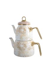 White Teapot Set / Turkish Tea Pot Set, Turkish Samovar Tea Maker, Tea Kettle for Loose Leaf Tea, Checkered Tea