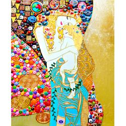 Mother child - beautiful family portrait, precious stones & mosaic Original painting canvas Colorful wall art home decor