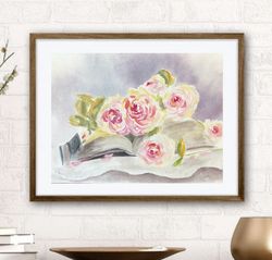 Book and roses still life original watercolour painting kitchen painting