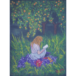 Girl Painting Apple Tree Original Art Woman Artwork Landscape Wall Art Redhead Painting Garden Art
