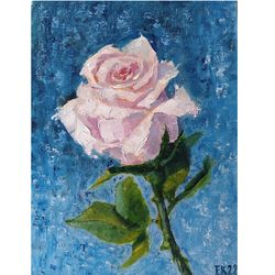 Rose | Original oil painting on canvas Floral impasto Blue sky Pink flower