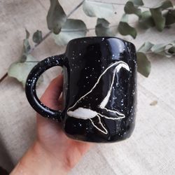 Black ceramic whale mug/ FOR ORDER/ Whale in the sky/ Cosmic black whale/ Handmade whale mug/ Pottery mug/ 10 fl oz
