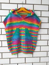 Chunky knit wool hooded vest/Rainbow colored vest with pockets and hand knitted hood