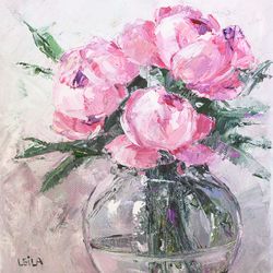 Peonies Painting Original Art Floral Oil Painting Pink Flowers Original Wall Art Blush Pink Peony Small Painting