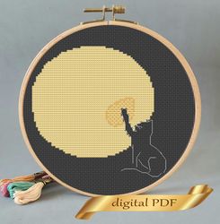 Cross stitch pattern Black cat and moon, design easy embroidery DIY, abstract modern embroidery