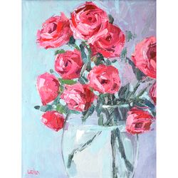 Garden Roses Painting Original Art Floral Oil Painting Pink Flowers Art Original Wall Art Oil on Canvas Small Painting