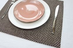 Brown heavy linen placemats set / modern geometric printed table mats / Rustic abstract striped placemats / cloth mats