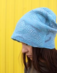 Felt hat BLUE polka dots handmade slouchy beanie hat. Winter Accessories. gifts for women. Warm lightweight two way