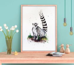 Watercolor original cat lemur painting 8x11 inch monkey original art by Anne Gorywine