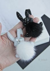 Rabbit brooch, hare brooch, handmade brooch, fur brooch, handmade hare brooch, beaded hare brooch, rabbit jewellery