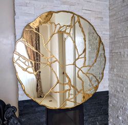 Asymmetrical gold mirror wall decor Kintsugi Aesthetic mirror interior design Modern framed mirror for living room