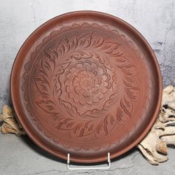 Pottery is a large plate diameter 14.56 inch for pizza, pies, cakes Handmade red clay Cooking plate