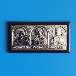 Orthodox icon-sticker triptych Jesus Christ, Theotokos, St. Nicholas chrome  plated handmade icon 2.6x1.2" free shipping