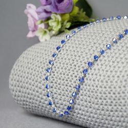Light Elegant Evening Jewelry, Blue crystal Crochet Necklace Handmade
