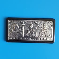 Orthodox icon-sticker triptych Jesus Christ, Theotokos, St. Nicholas silver plated handmade icon 3x1.5" free shipping