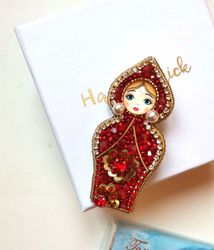 Nesting doll jewelry brooch, red jewelry, matryoshka beaded pin